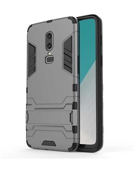 TBZ Tough Heavy Duty Shockproof Dual Protection Layer Hybrid Kickstand Back Case Cover for OnePlus 6 -Grey