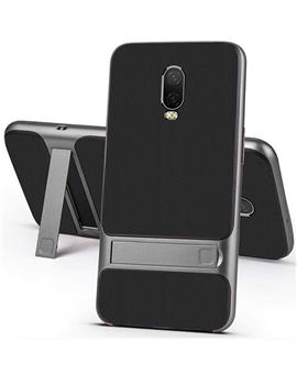 RRTBZ Dual Layer Armor PC Frame TPU Shock Proof Silicone Kickstand Back Cover Case for OnePlus 6T -Grey